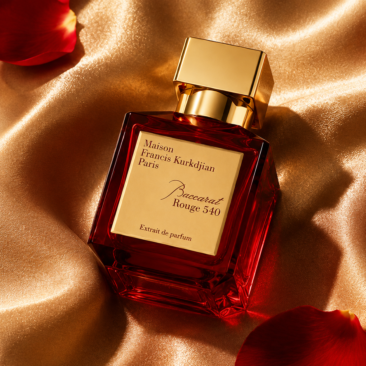Baccarat Rouge 540 bottle on golden silk